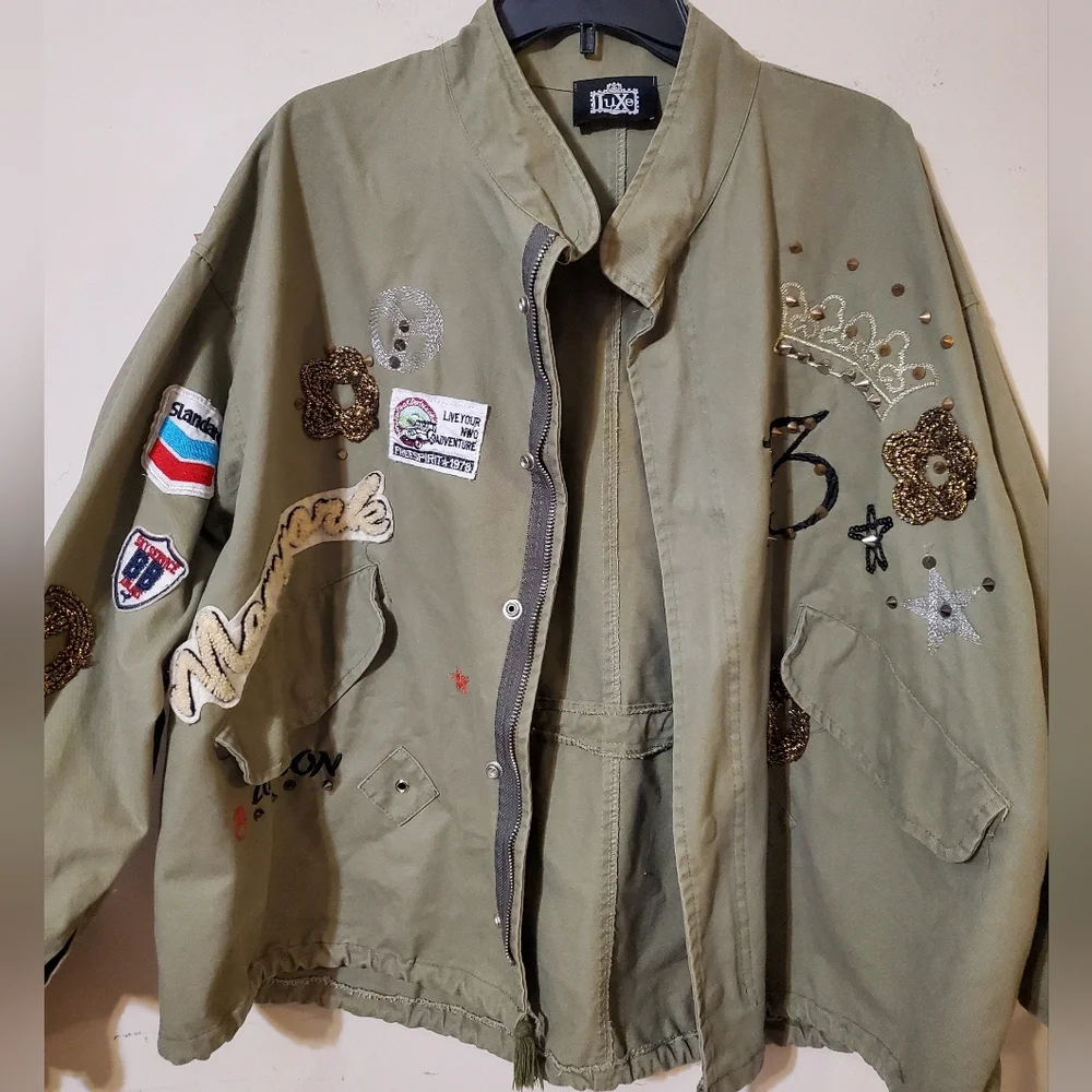 Military Punk Spike Army Style Olive Green Jacket Patches Y2k - Picture 7 of 7